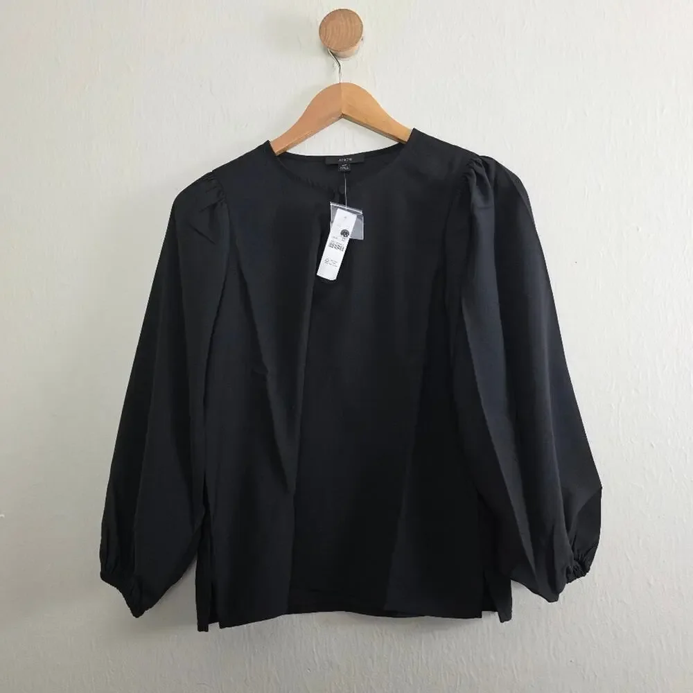 J. Crew Black Puff Sleeve Satin Back Crepe Blouse Top Size Small Petite SP NWT